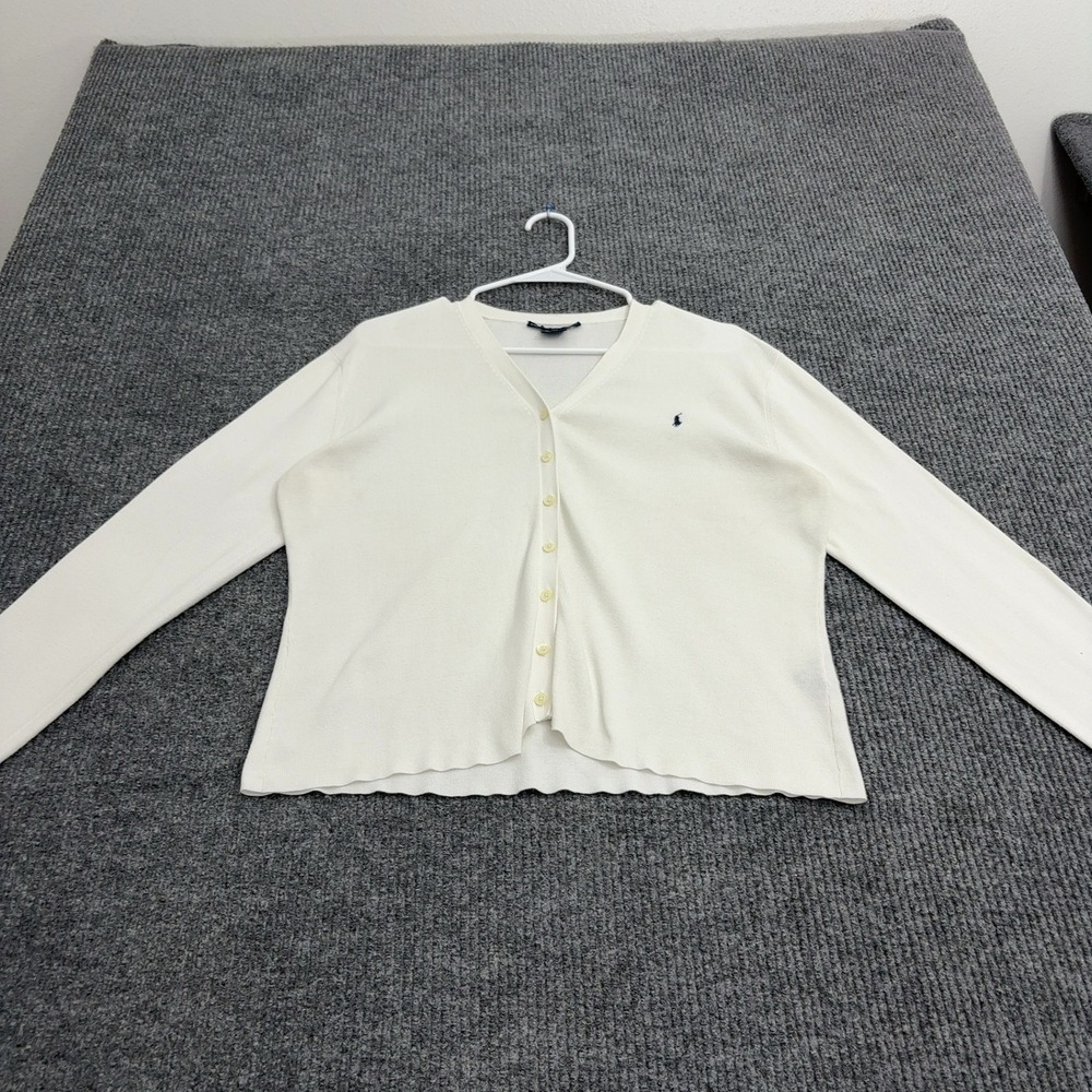 Ralph Lauren Sport Cardigan Womens XL White Cotton V Neck Button Up Preppy